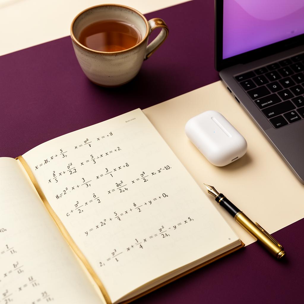 Maths revision notebook and study materials on a desk
