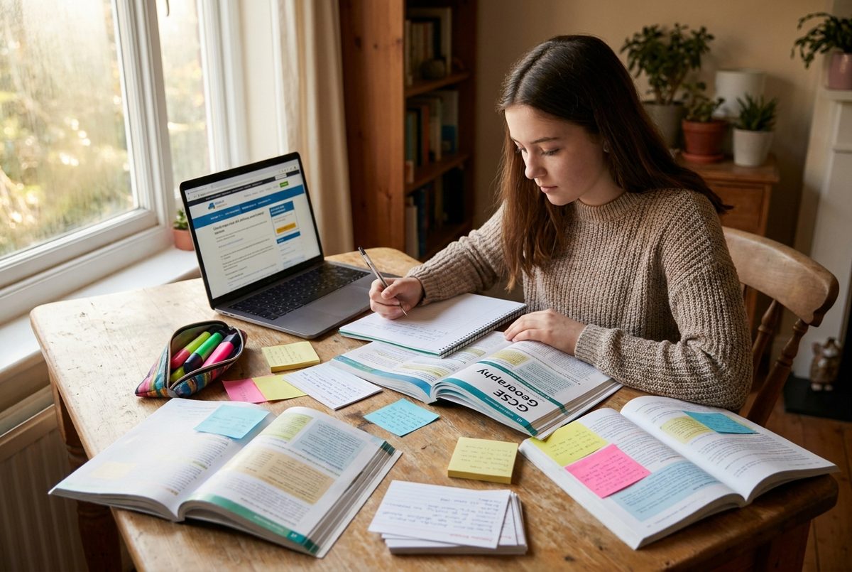 A student revising GCSE Geography with textbooks, notes and past papers
