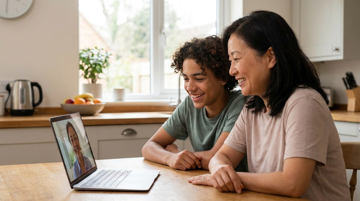 A parent and her son speaking with an Ascend tutor over a video call at the kitchen table